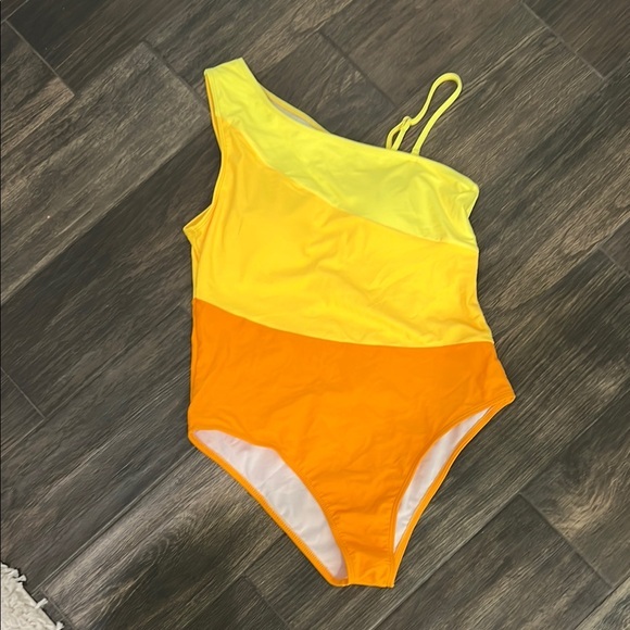 Vibrant Yellow and Orange Asymmetrical Swimsuit Sz L - Picture 1 of 8